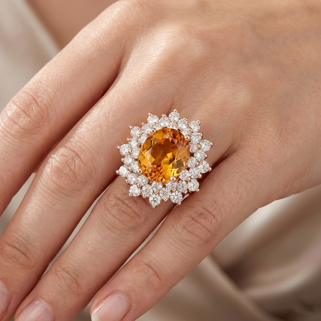 21.50 Ct Oval Cut Citrine Natural Earth Mined Diamond Wedding Ring White Gold 14K