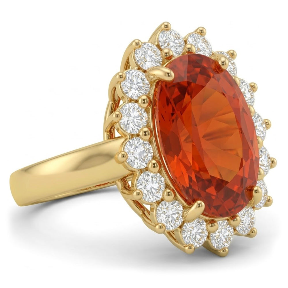 22.50 Carats Mandarin Garnet With Natural Earth Mined Diamonds Ring Yellow Gold 14K New