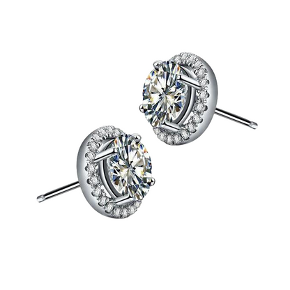 Halo Round Natural Earth Mined Diamond Stud Earrings Prong Set 2.20 Carat White Gold 14K