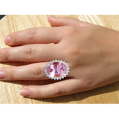 22 Ct Oval Cut Pink Kunzite And Diamond Wedding Ring White Gold 14K