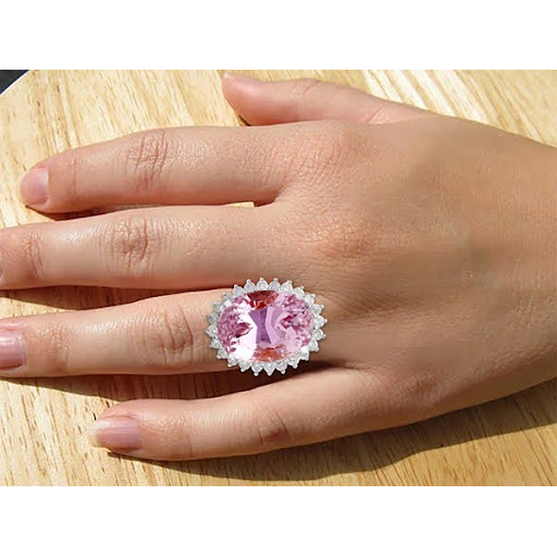 22 Ct Oval Cut Pink Kunzite And Diamond Wedding Ring White Gold 14K