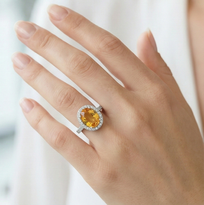 23 Ct Oval Cut Yellow Madeira Citrine & Natural Earth Mined Diamond Wedding Halo Ring Gold