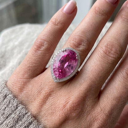 24.45 Carats Pear Pink Kunzite With Natural Earth Mined Diamond Wedding Ring White Gold
