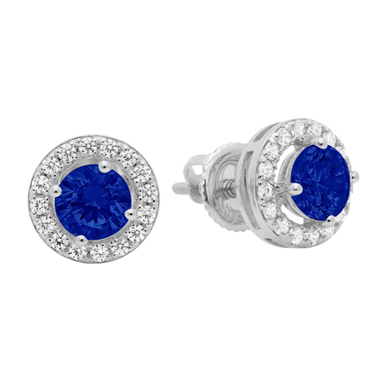 2.60 Ct Round Ceylon Sapphire And Natural Earth Mined Diamond Halo Stud Earrings