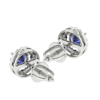 2.60 Ct Round Ceylon Sapphire And Natural Earth Mined Diamond Halo Stud Earrings