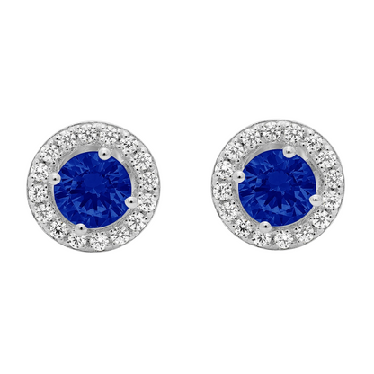 2.60 Ct Round Ceylon Sapphire And Natural Earth Mined Diamond Halo Stud Earrings