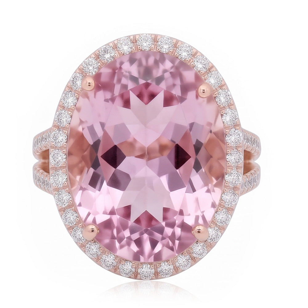 29.75 Carats Pink Kunzite And Natural Earth Mined Diamonds Ring Rose Gold 14K