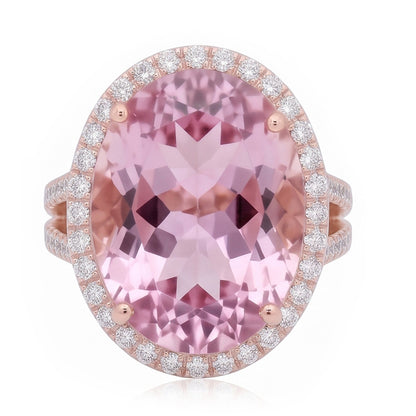 29.75 Carats Pink Kunzite And Natural Earth Mined Diamonds Ring Rose Gold 14K