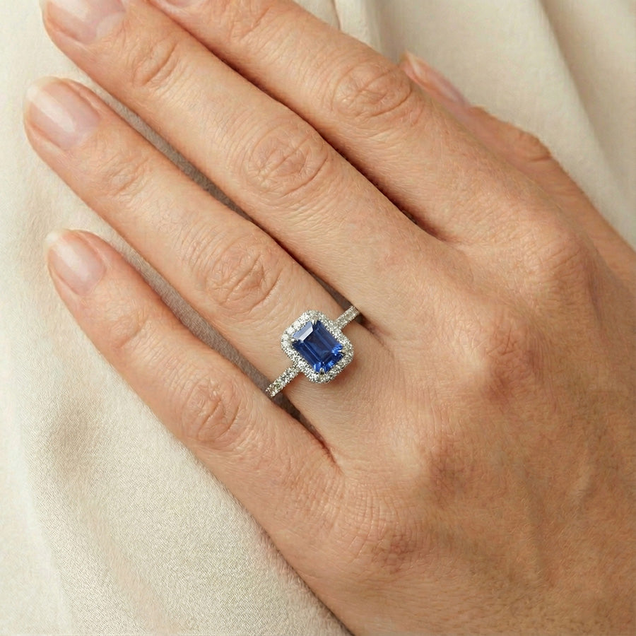 2 Carat Emerald Cut Sapphire And Natural Earth Mined Diamond Ring