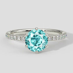 Natural Real ( Not Lab Grown )  6 Prong Round Paraiba Ring with Diamond Accents