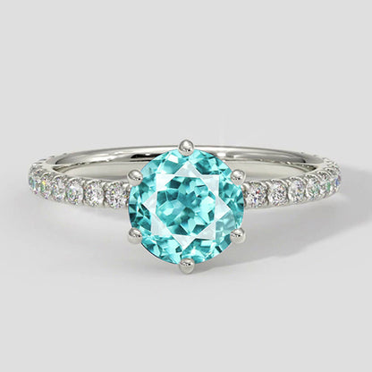Natural Real ( Not Lab Grown )  6 Prong Round Paraiba Ring with Diamond Accents