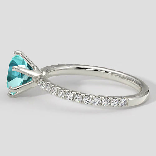 Natural Real ( Not Lab Grown )  6 Prong Round Paraiba Ring with Diamond Accents