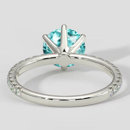Natural Real ( Not Lab Grown )  6 Prong Round Paraiba Ring with Diamond Accents