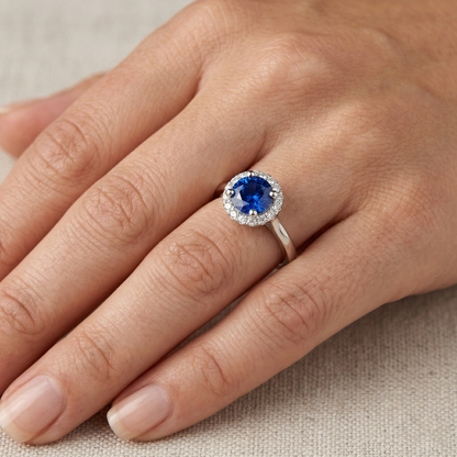2 Ct Round Ceylon Sapphire Halo Natural Earth Mined Diamond Ring