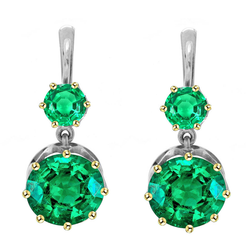 2 Stone Round Green Emerald Dangle Earrings