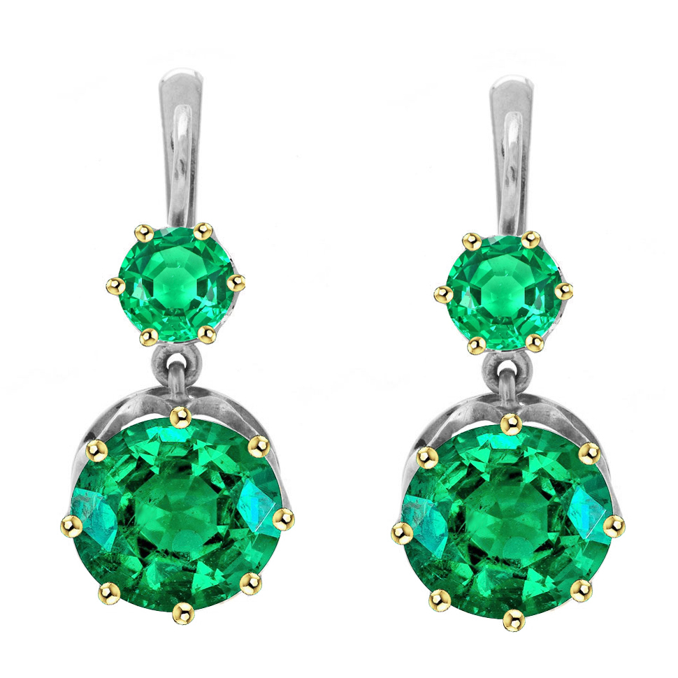 2 Stone Round Green Emeralds Dangle Earrings
