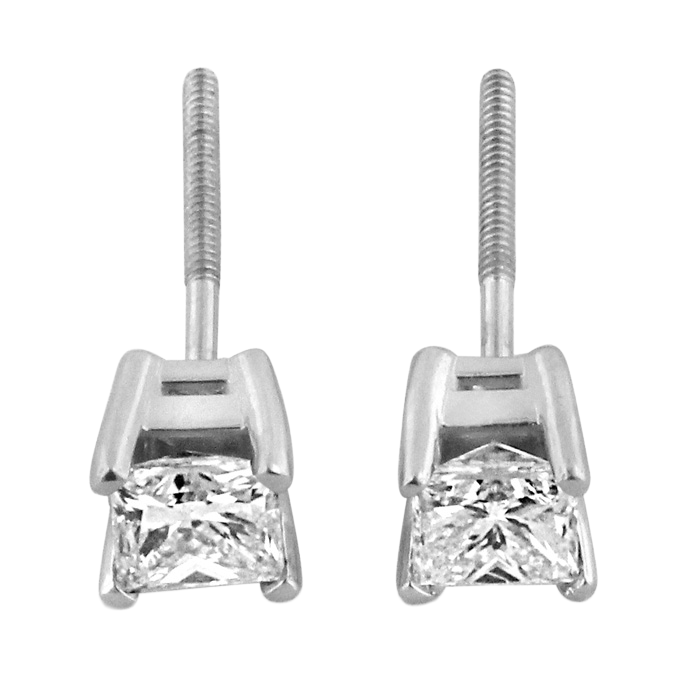 2 Carat Princess Natural Earth Mined Diamond Studs Earring Pair Gold