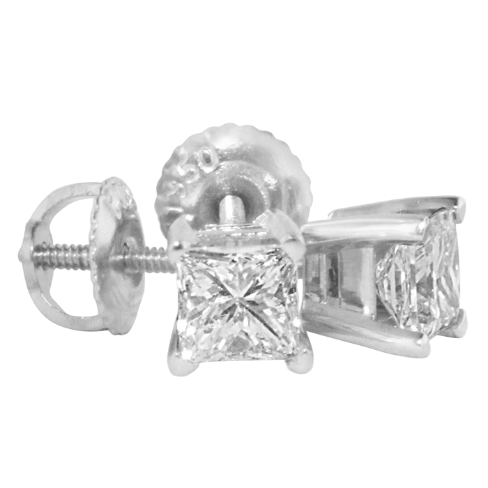 2 Carat Princess Natural Earth Mined Diamond Studs Earring Pair Gold