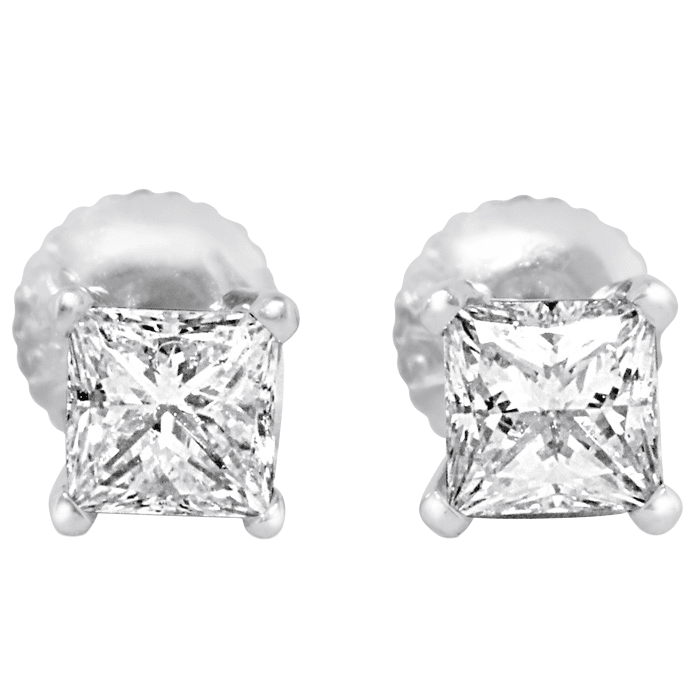 2 Carat Princess Natural Earth Mined Diamond Studs Earring Pair Gold