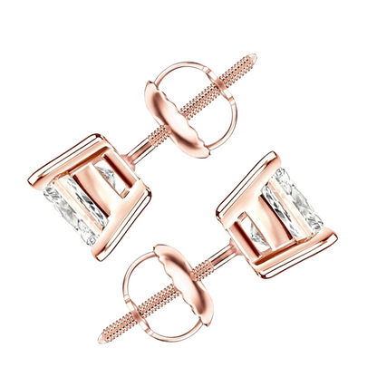 2 Carat Princess Natural Earth Mined Diamonds Stud Earrings Rose Gold