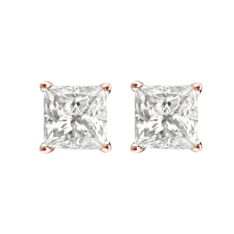2 Carat Princess Natural Earth Mined Diamonds Stud Earrings Rose Gold