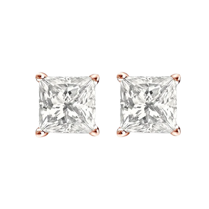 2 Carat Princess Natural Earth Mined Diamonds Stud Earrings Rose Gold