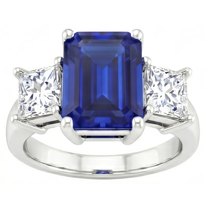 3.05 Ct. Emerald Ceylon Sapphire And Natural Earth Mined Diamonds Three Stone Ring