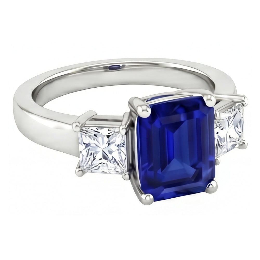 3.05 Ct. Emerald Ceylon Sapphire And Natural Earth Mined Diamonds Three Stone Ring