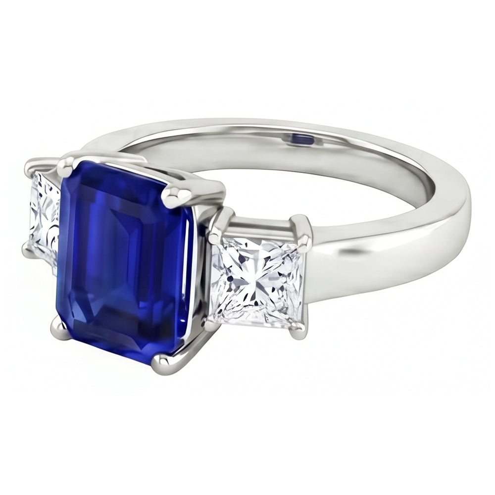 3.05 Ct. Emerald Ceylon Sapphire And Natural Earth Mined Diamonds Three Stone Ring