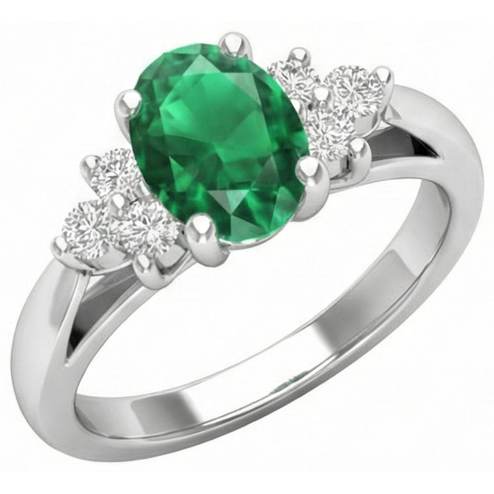 3.10 Carats Prong Set Green Emerald GIA And Natural Earth Mined Diamond Gemstone Ring White Gold 14K