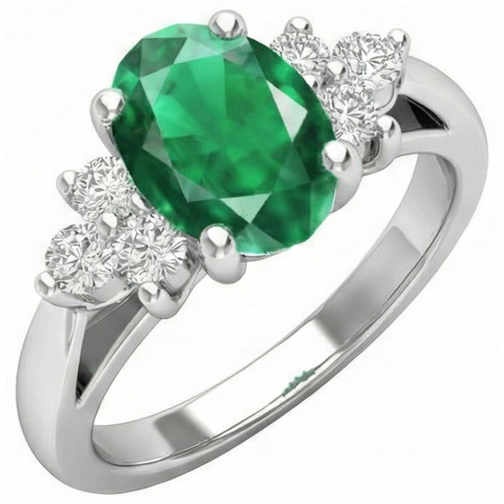 3.10 Carats Prong Set Green Emerald GIA And Natural Earth Mined Diamond Gemstone Ring White Gold 14K