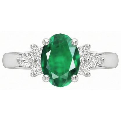 3.10 Carats Prong Set Green Emerald GIA And Natural Earth Mined Diamond Gemstone Ring White Gold 14K