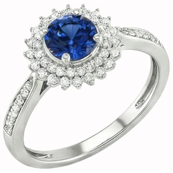 3.10 Ct Round Ceylon Blue Sapphire & Natural Earth Mined Diamonds Ring WG 14K
