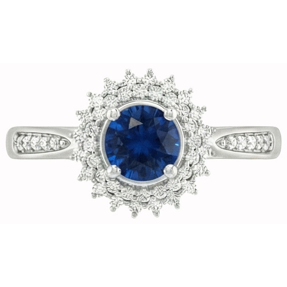 3.10 Ct Round Ceylon Blue Sapphire & Natural Earth Mined Diamonds Ring WG 14K