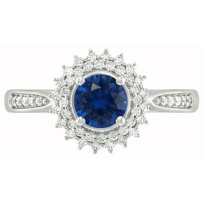 3.10 Ct Round Ceylon Blue Sapphire & Natural Earth Mined Diamonds Ring WG 14K