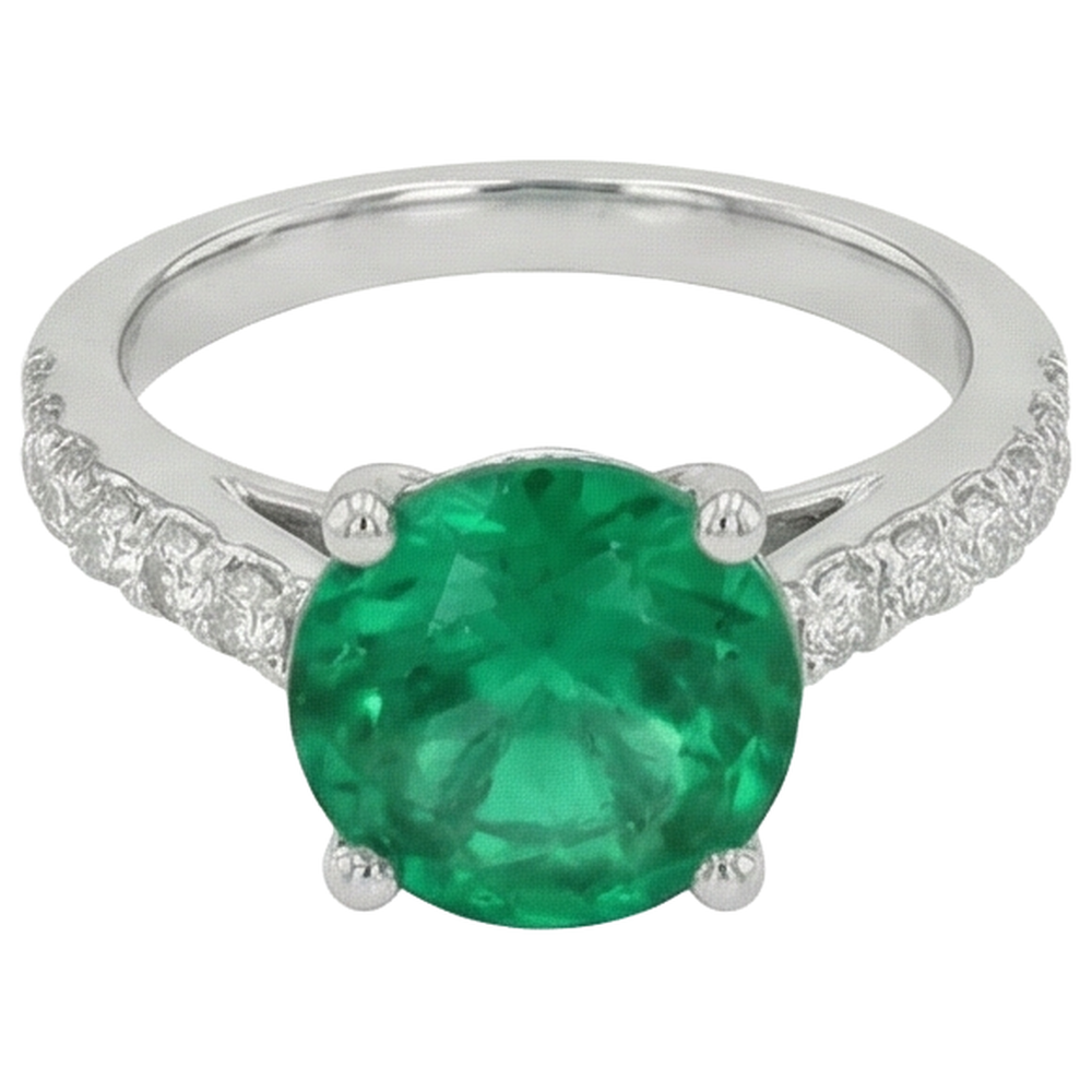 3.15 Carats Prong Set Green Emerald GIA And Natural Earth Mined Diamonds Wedding Ring WG 14K