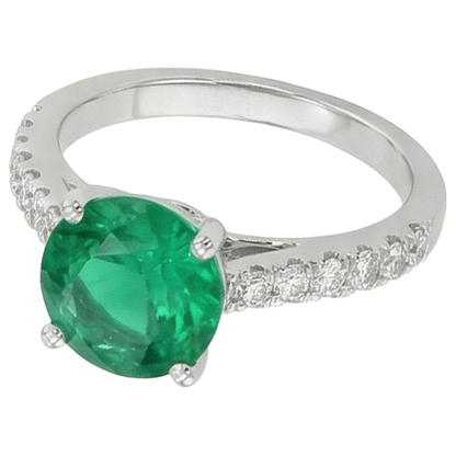 3.15 Carats Prong Set Green Emerald GIA And Natural Earth Mined Diamonds Wedding Ring WG 14K