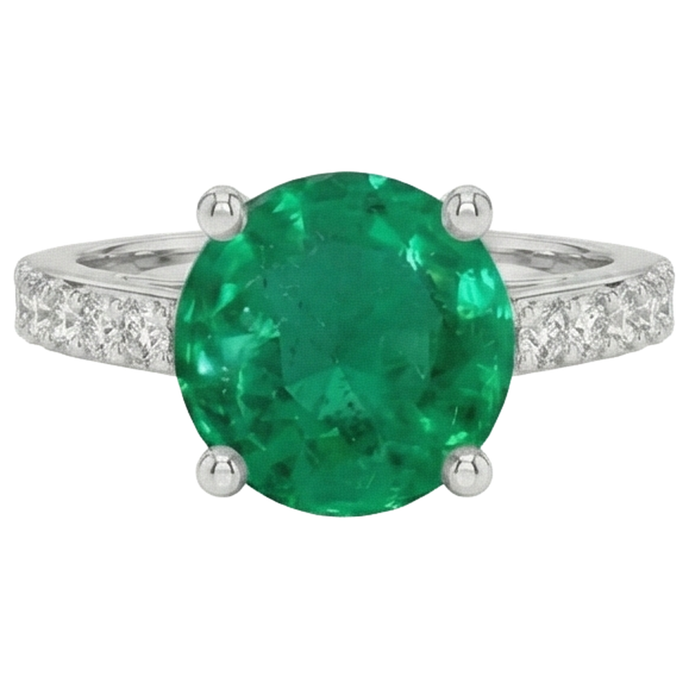 3.15 Carats Prong Set Green Emerald GIA And Natural Earth Mined Diamonds Wedding Ring WG 14K