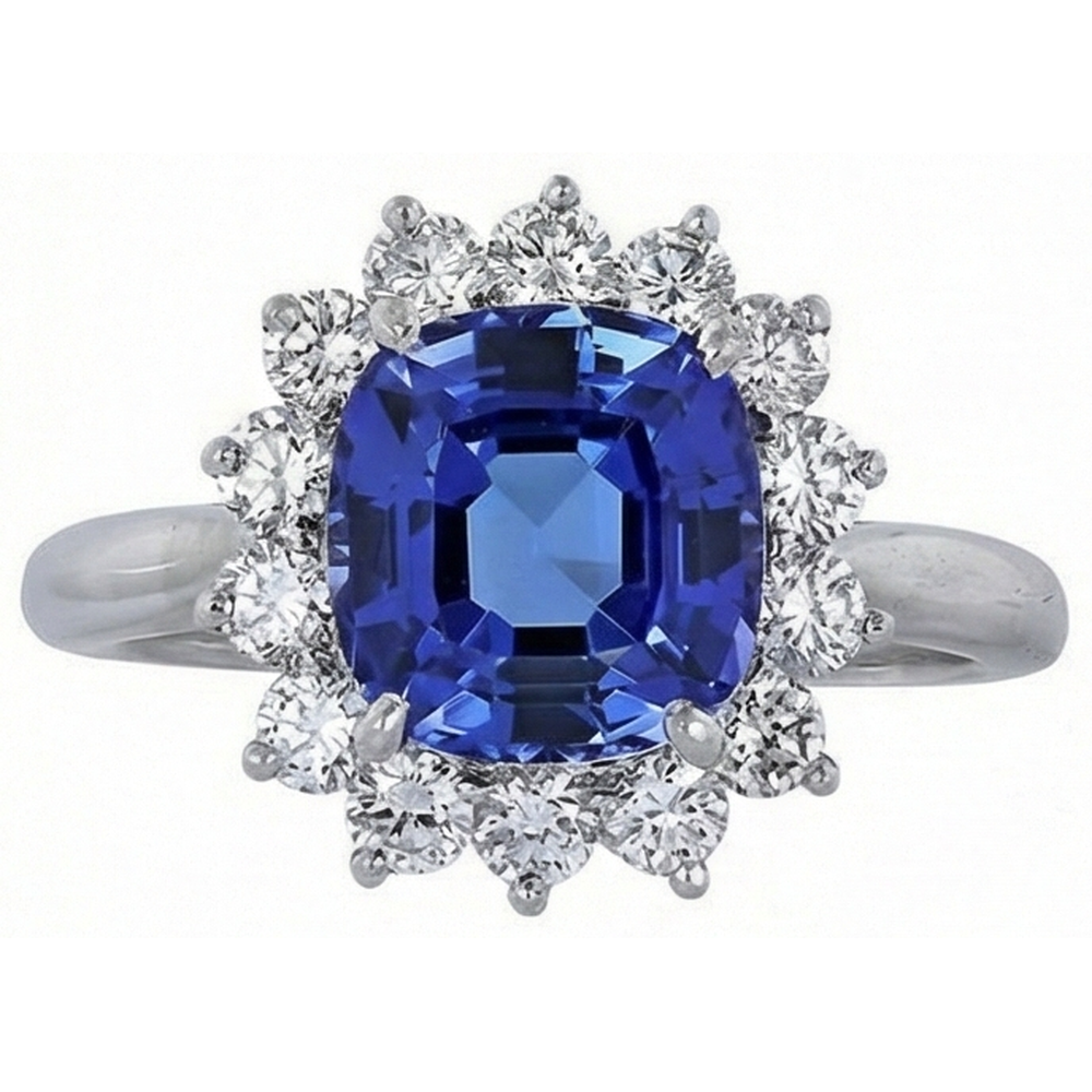 3.25 Carats Cushion Tanzanite & Round Natural Earth Mined Diamond Wedding Ring