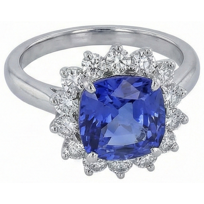 3.25 Carats Cushion Tanzanite & Round Natural Earth Mined Diamond Wedding Ring