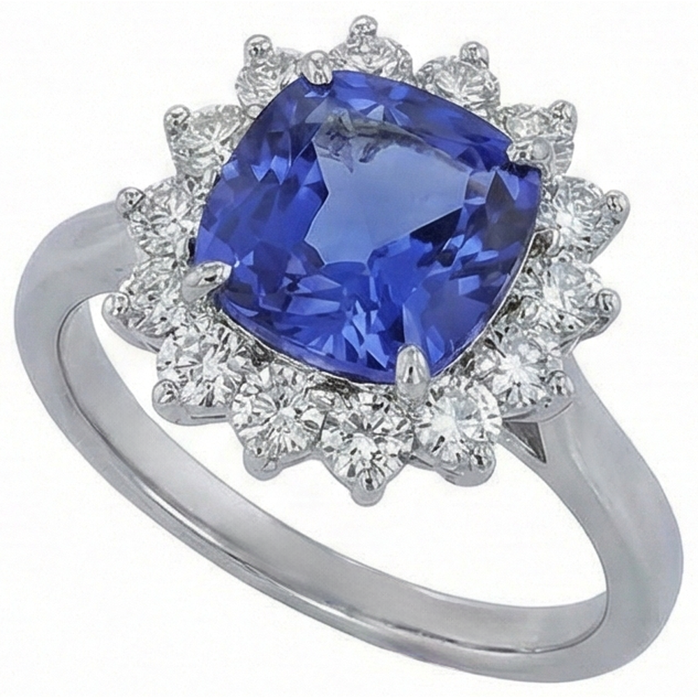 3.25 Carats Cushion Tanzanite & Round Natural Earth Mined Diamond Wedding Ring