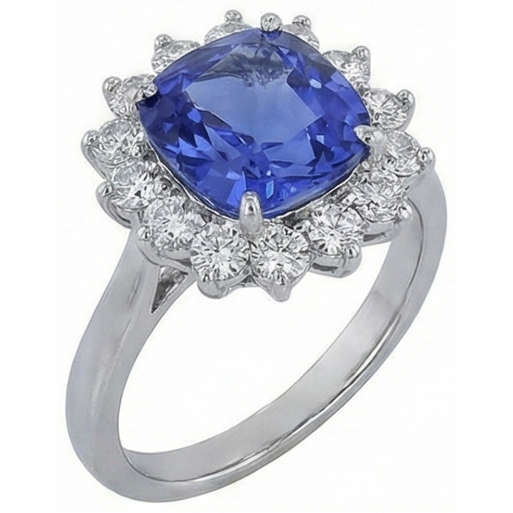3.25 Carats Cushion Tanzanite & Round Natural Earth Mined Diamond Wedding Ring