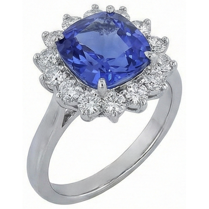 3.25 Carats Cushion Tanzanite & Round Natural Earth Mined Diamond Wedding Ring