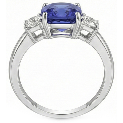 3.25 Carats Three Stone Kashmir Sapphire And Natural Earth Mined Diamonds Ring White Gold 14K