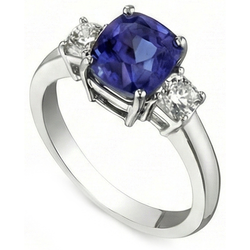 3.25 Carats Three Stone Kashmir Sapphire And Natural Earth Mined Diamonds Ring White Gold 14K