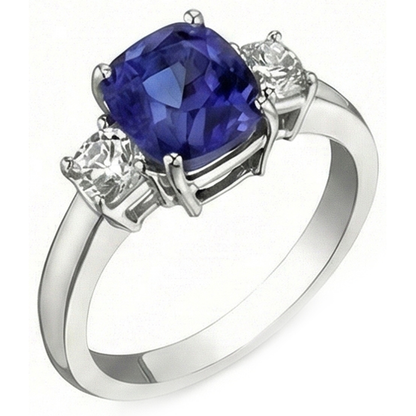 3.25 Carats Three Stone Kashmir Sapphire And Natural Earth Mined Diamonds Ring White Gold 14K