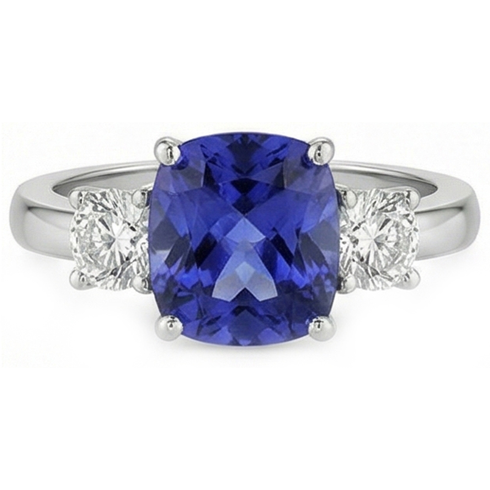 3.25 Carats Three Stone Kashmir Sapphire And Natural Earth Mined Diamonds Ring White Gold 14K