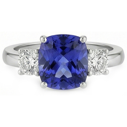 3.25 Carats Three Stone Kashmir Sapphire And Natural Earth Mined Diamonds Ring White Gold 14K