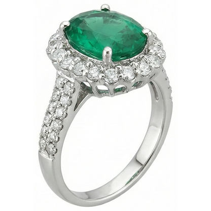 3.25 Ct Oval Green Emerald GIA With Halo Natural Earth Mined Diamond Ring 14K White Gold