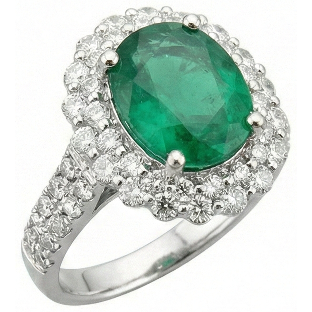3.25 Ct Oval Green Emerald GIA With Halo Natural Earth Mined Diamond Ring 14K White Gold